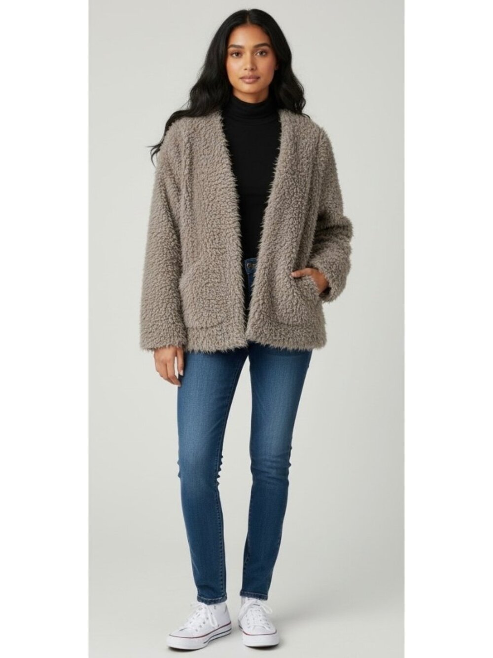 EYESHADOW Gray Open Front Faux Fur Women's Teddy Jacket NWT Size Medium